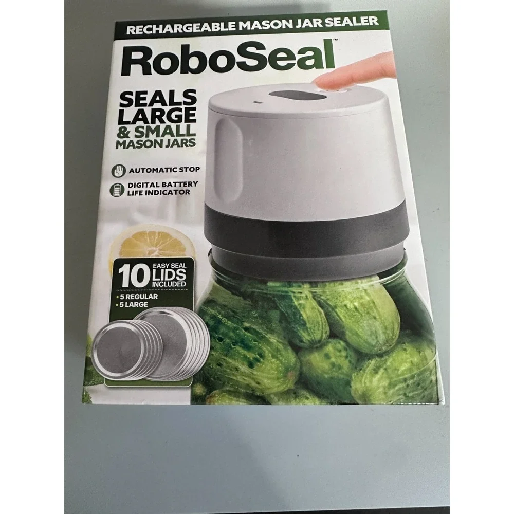 RoboSeal Rechargeable Electric Mason Jar Sealer Kit with 10 Lids White Grey